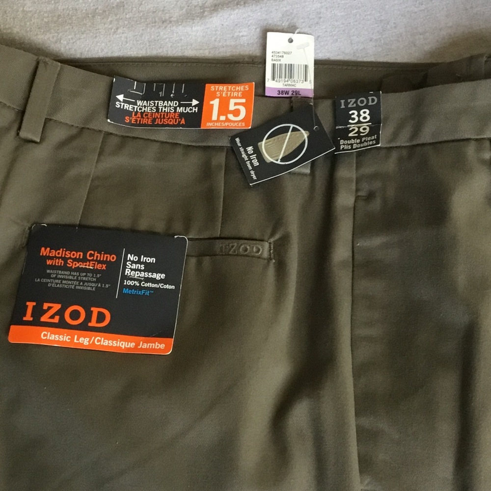 Men’s NWT Izod Madison Chino With SportsFlex Classic Leg Pants/Tarmac 38W 29L